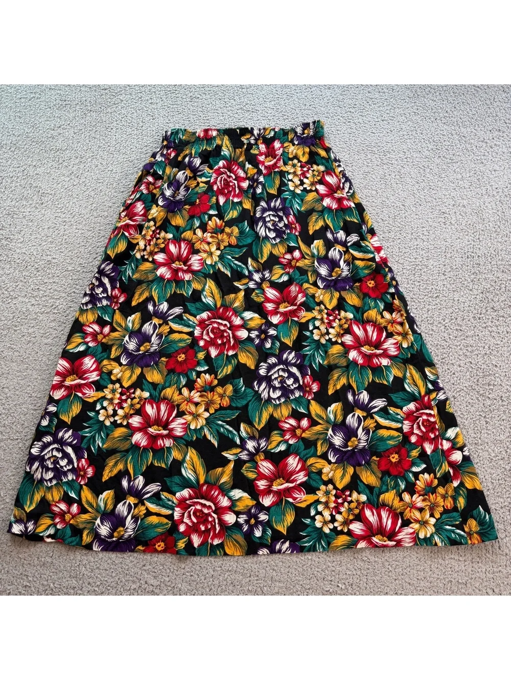 Vintage 90s SG Harper Floral Midi Skirt Womens M Black Rayon Cottagecore Grunge